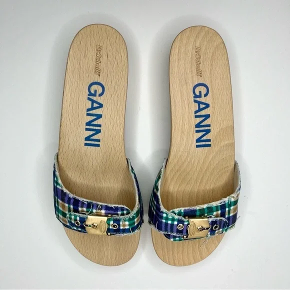 GANNI x Dr. Scholl's Blue Plaid Buckle Wooden Clog Slides Sandals Retro NEW - Picture 10 of 14